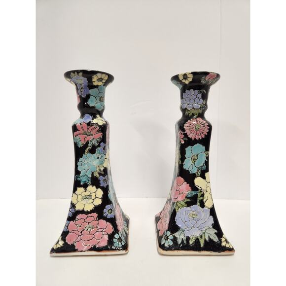 Vintage Floral Ceramic Candle Holders – Black Cloisonné Style Pair - Picture 1 of 6